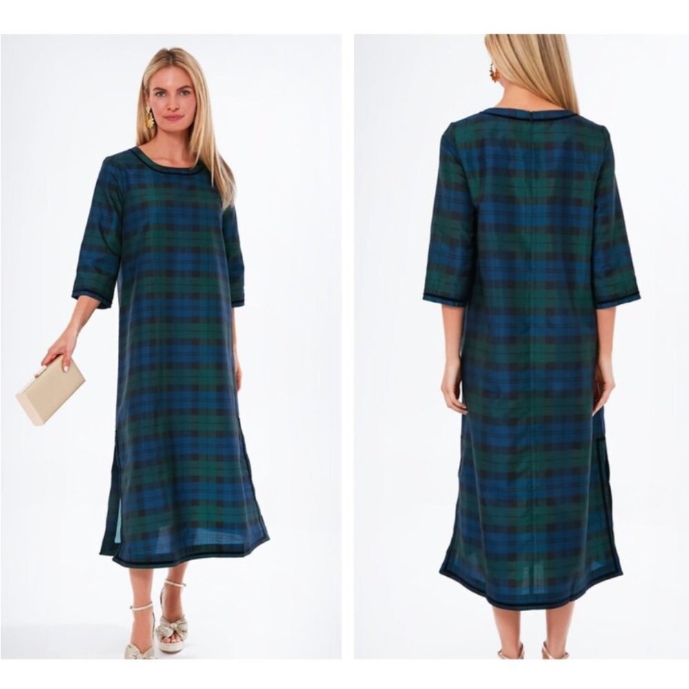 NWT Tuckernuck Jamie Velvet Trimmed Blue and Green Plaid Midi Dress